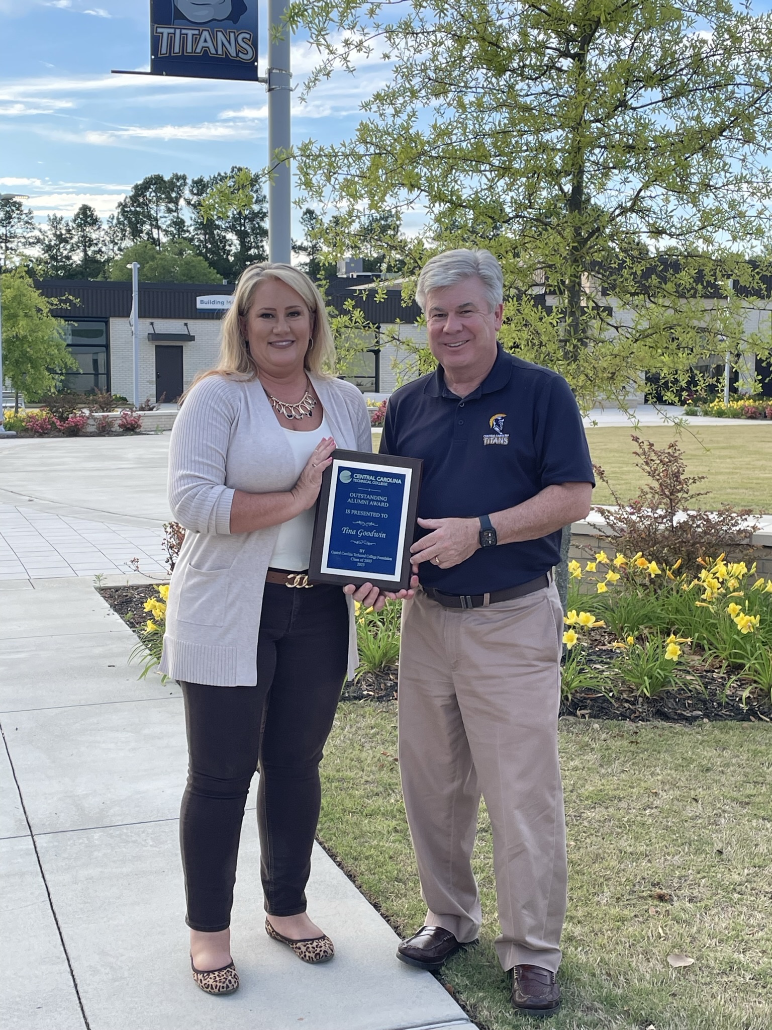 Tina Goodwin, CCTC Alumni Spotlight for June, and CCTC President Dr. Pollock