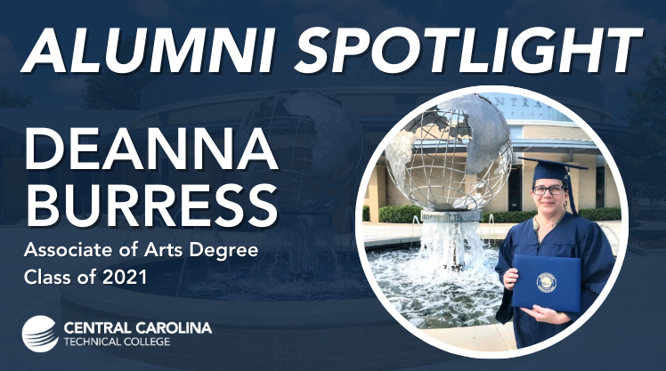Central Carolina Technical College Alumni Spotlight featuring Deanna Burgess. Photo of Deanna in her graduation cap and gown holding her diploma.